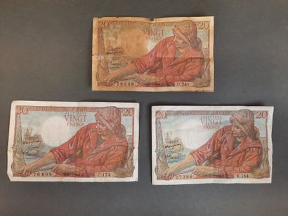 LOT de pièces de monnaie en argent et 3 billets...