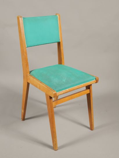 CHAISE en bois naturel assise vinyle vert....
