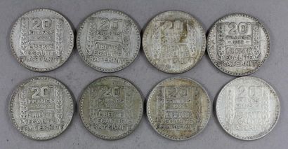 Huit pièces de 20 FF Turin en argent