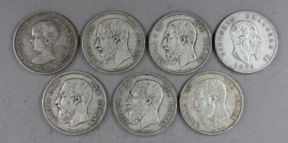Cinq pièces de 5 F Belge Léopold II, une...
