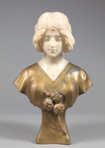 Buste de jeune femme en albâtre et bronze...