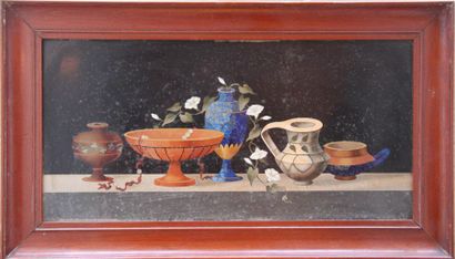 Panel in hard stone marquetry with a still-life...