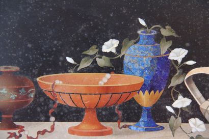 Panel in hard stone marquetry with a still-life...