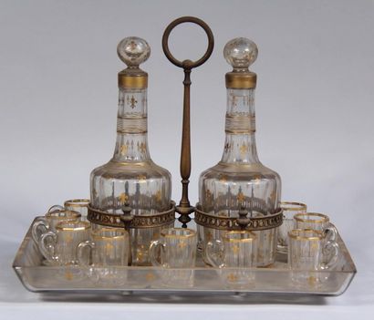 *Service à liqueur en verre et métal à décor...
