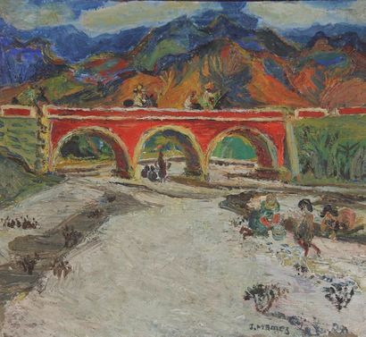 J. MAMEZ 
Les lavandières sous un pont. 
Huile...