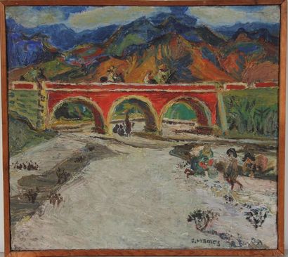 J. MAMEZ 
Les lavandières sous un pont. 
Huile...