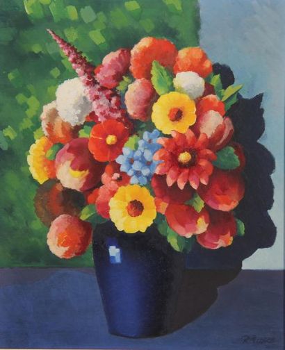 R. BUSCH
Bouquet de fleurs dans un vase bleu
Huile...