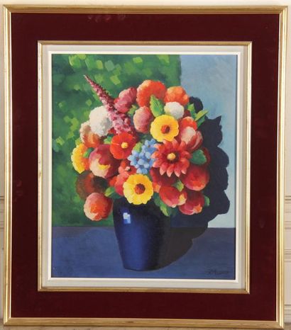 R. BUSCH
Bouquet de fleurs dans un vase bleu
Huile...