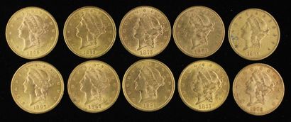 *Dix pièces de 20 dollars en or 1875(2),...