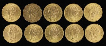 *Dix pièces de 20 dollars en or 1894,1896(2),1897,...