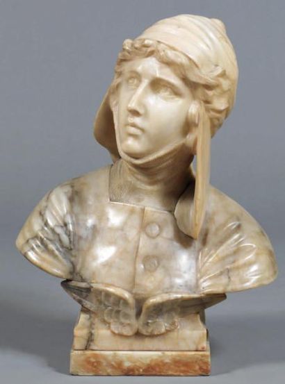 Buste de femme en albâtre, coiffée d'un bonnet,...