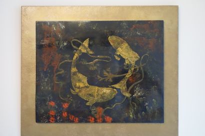 Panneau à décor de poissons, signé MJ PARAF...