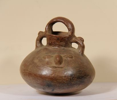 Globular vase decorated with two faces

Vicus...