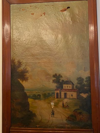 Trumeau en bois naturel surmontée d'un tableau...