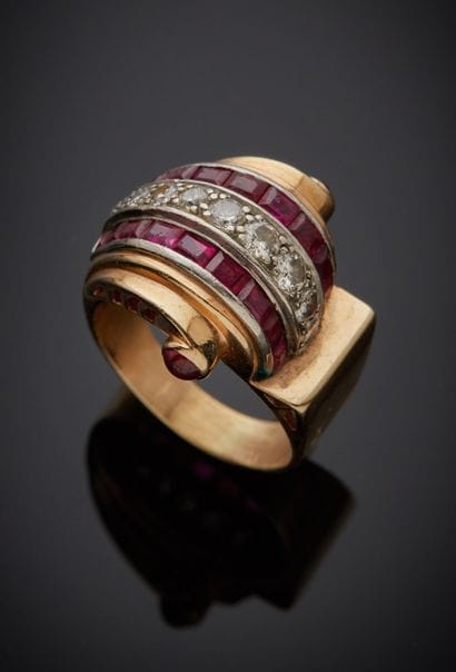 Bague en or jaune 585 millièmes et platine...