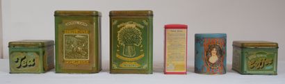 Lot de six boites publicitaires en tôle lithographiées...