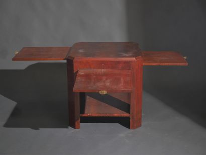 Square pedestal table with cut sides in veneer,...