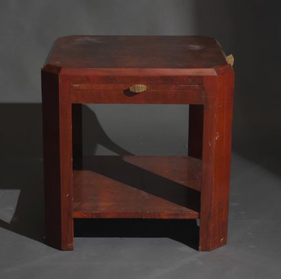 Square pedestal table with cut sides in veneer,...