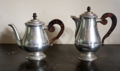 Pewter tea and coffee set, wooden handles...