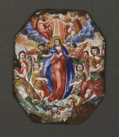 Rectangular metal plate with polychrome enamelled...