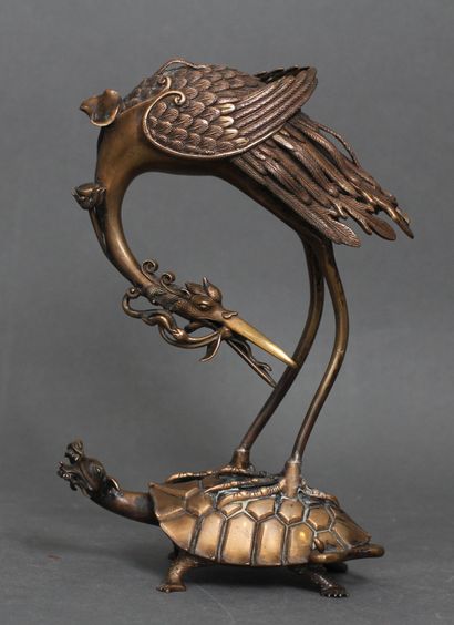 Bronze group representing a heron on a turtle,...