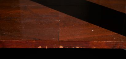 Square pedestal table with cut sides in veneer,...