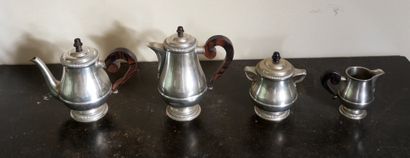 Pewter tea and coffee set, wooden handles...
