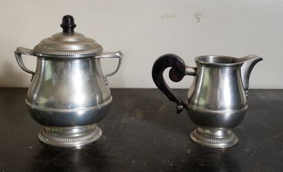Pewter tea and coffee set, wooden handles...