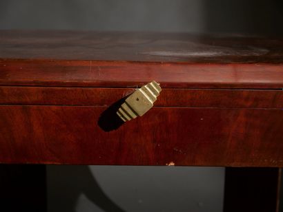 Square pedestal table with cut sides in veneer,...