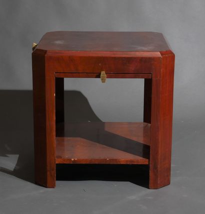 Square pedestal table with cut sides in veneer,...