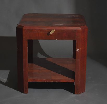 Square pedestal table with cut sides in veneer,...