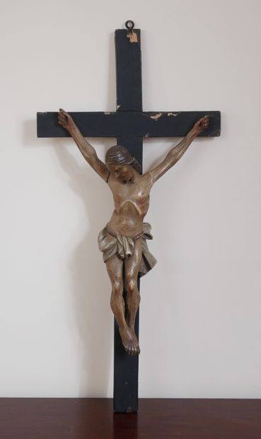 Christ in polychrome wood on his cross in...