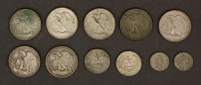 Sept pièces half dollar Liberty Walking,...