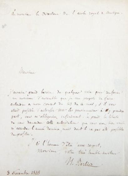 BERLIOZ Hector
Lettre autographe signée H....