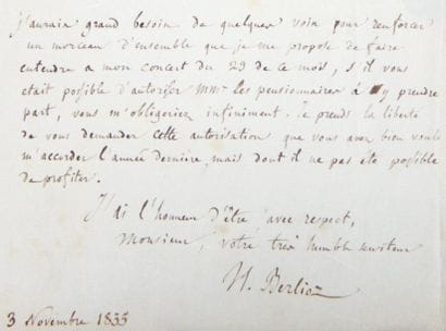 BERLIOZ Hector
Lettre autographe signée H....