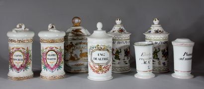 Lot de pots à pharmacie en porcelaine polychrome...