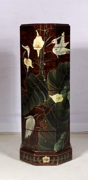 Chiffonnier octogonale en bois laqué polychrome,...