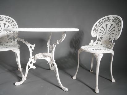 Table and pair of garden chairs in white...