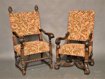 Two molded and carved walnut ceremonial armchairs,...