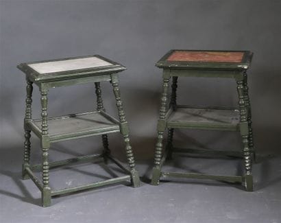 Pair of trapezoidal tables in green lacquered...