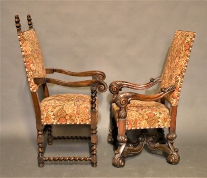 Two molded and carved walnut ceremonial armchairs,...