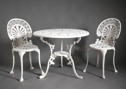 Table and pair of garden chairs in white...