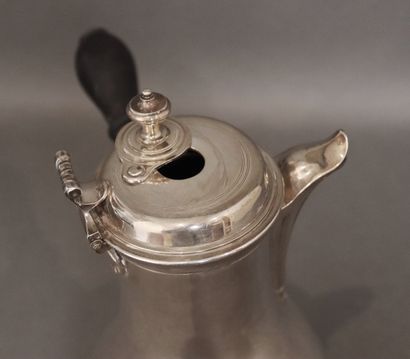 Tripod silver chocolate pot, ebony handle,...
