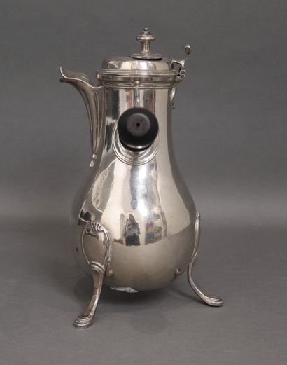 Tripod silver chocolate pot, ebony handle,...