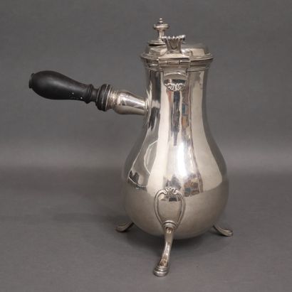 Tripod silver chocolate pot, ebony handle,...