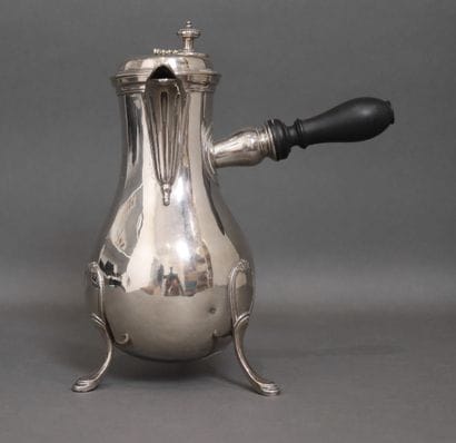 Tripod silver chocolate pot, ebony handle,...