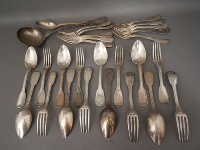 Set of 950°/°° silver flatware with contoured...