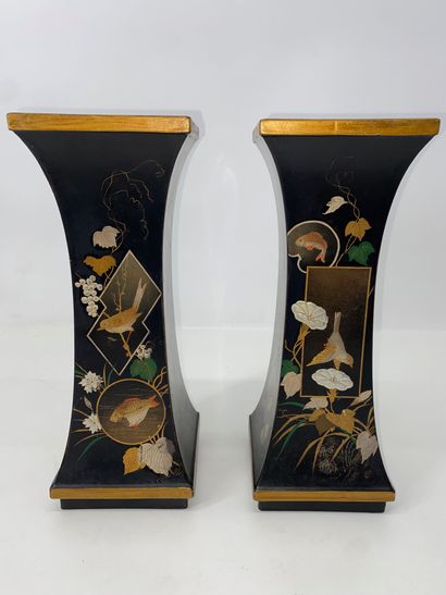 Pair of horn vases in polychrome and gold...