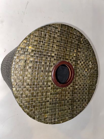 Cylindrical, woven and stained laundry basket....