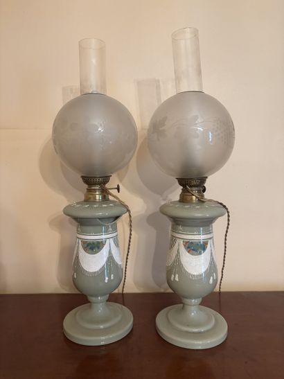 Pair of pistachio opaline oil lamp bases...